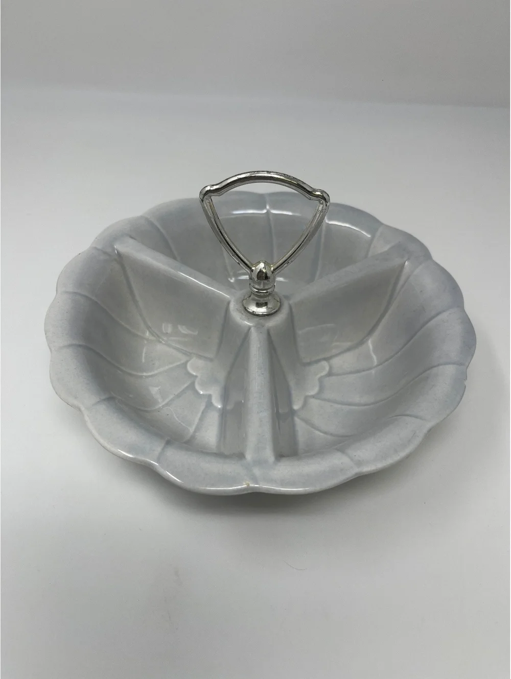 Vintage USA Pottery Blue Divided Serving Dish With Chrome Handle Barware MCM 8”